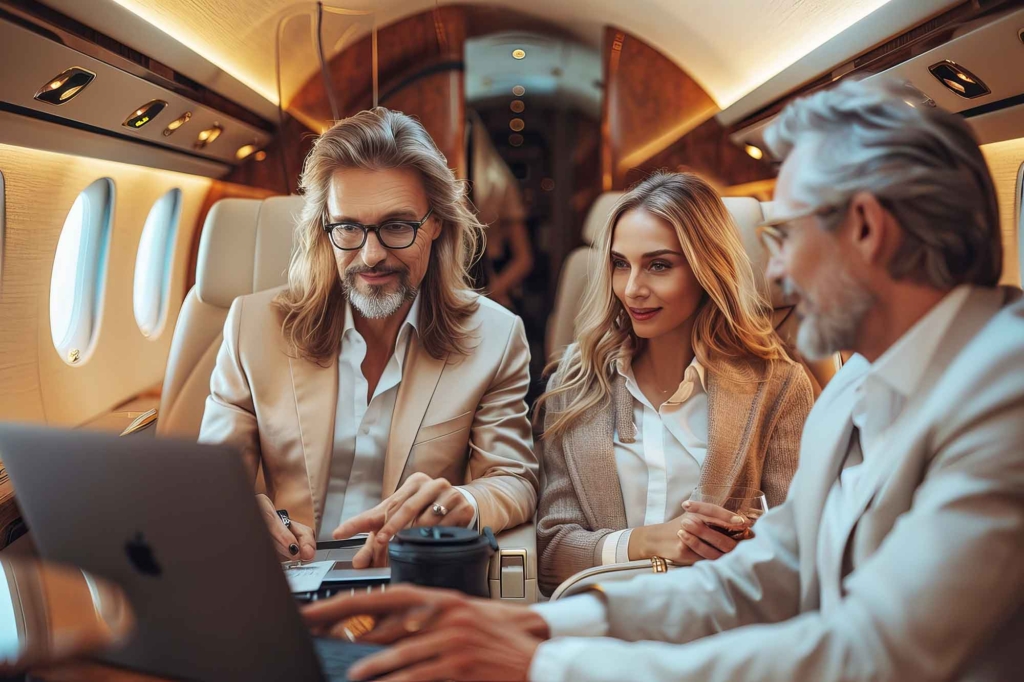 Three people in elegant attire sit inside a luxury jet, focused on a laptop screen. The setting conveys a sense of sophistication and teamwork.