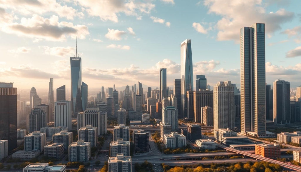 A bustling city skyline in 2025, with futuristic high-rise buildings and sleek skyscrapers reaching towards the sky. In the foreground, a dynamic real estate market takes shape, with virtual reality showcases and holographic property listings. The middle ground features a mix of residential and commercial development, reflecting the changing needs of a post-pandemic world. In the background, a vibrant urban landscape with efficient transportation networks and green spaces, hinting at the sustainable growth of the real estate industry. The scene is illuminated by warm, golden lighting, capturing the optimism and prosperity of the latest trends in the 2025 real estate market.