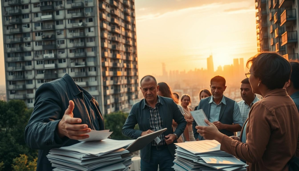 A bustling urban landscape with a towering apartment building, its facade weathered by time. In the foreground, a frustrated property manager gestures, surrounded by a stack of paperwork and a tablet displaying maintenance requests. The middle ground features a group of tenants engaged in a heated discussion, their expressions reflecting the challenges of managing a diverse community. The background reveals a city skyline, hazy under the warm glow of sunset, symbolizing the complexities of balancing the needs of property owners, residents, and the larger urban environment. Soft, cinematic lighting illuminates the scene, creating a sense of depth and atmosphere.