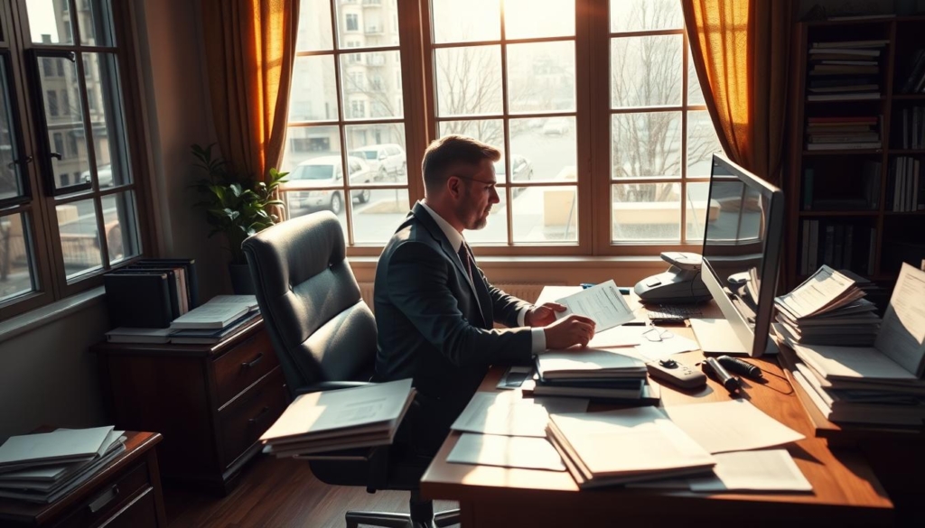 A cozy office setting with a desk, desktop computer, and various documents and files scattered around. A businessman in a suit sits at the desk, contemplating the details of a 1031 exchange transaction. Warm, natural lighting filters in through large windows, casting a soft glow on the scene. The mood is one of focus and concentration, as the businessman navigates the complexities of the tax-deferred exchange process. The overall composition emphasizes the careful, methodical nature of this important financial transaction.