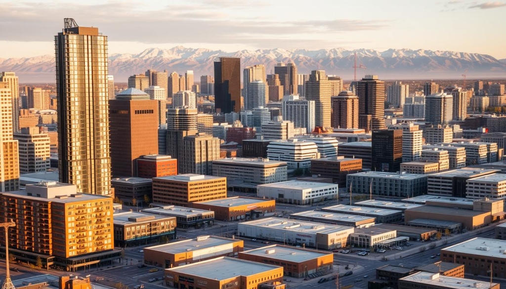 A detailed architectural rendering of diverse commercial property types in Calgary, Canada, captured from an elevated perspective. In the foreground, modern high-rise office buildings and mixed-use complexes stand tall, surrounded by mid-rise residential condos and retail stores. The middle ground features a mix of industrial warehouses and light manufacturing facilities, while in the background, the city's iconic skyline and the Rocky Mountains create a picturesque backdrop. The scene is illuminated by warm, golden-hour lighting, casting long shadows and highlighting the diverse architectural styles. The overall composition conveys a sense of urban growth, economic prosperity, and the varied real estate landscape of the Calgary metropolitan area.