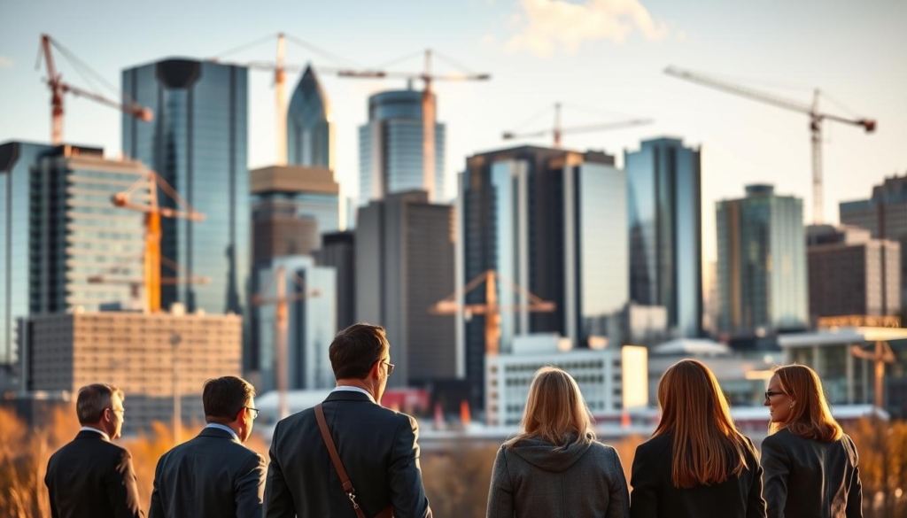A dynamic, professional-looking cityscape of downtown Calgary, Canada, with modern high-rise buildings and cranes in the background, suggesting an active commercial real estate market. In the foreground, a group of well-dressed individuals, possibly real estate agents or business owners, engaged in a conversation, symbolizing the process of navigating financing solutions for commercial property investments. The scene is illuminated by warm, golden lighting, creating a sense of productivity and optimism. The composition utilizes a wide-angle lens to capture the scale and grandeur of the urban environment, while the shallow depth of field focuses the viewer's attention on the central figures. Overall, the image conveys the idea of Calgary as a thriving commercial real estate hub with accessible financing options.