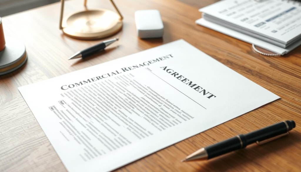 A formal, legal-looking commercial property management agreement document displayed on a wooden desk, with a pen and minimal office supplies surrounding it. The document's text is legible but not too detailed, conveying the legal and professional nature of the agreement. Lighting is natural and soft, creating a warm, authoritative atmosphere. The camera angle is slightly elevated, giving a sense of formality and importance to the document. The background is blurred, keeping the focus solely on the agreement itself.