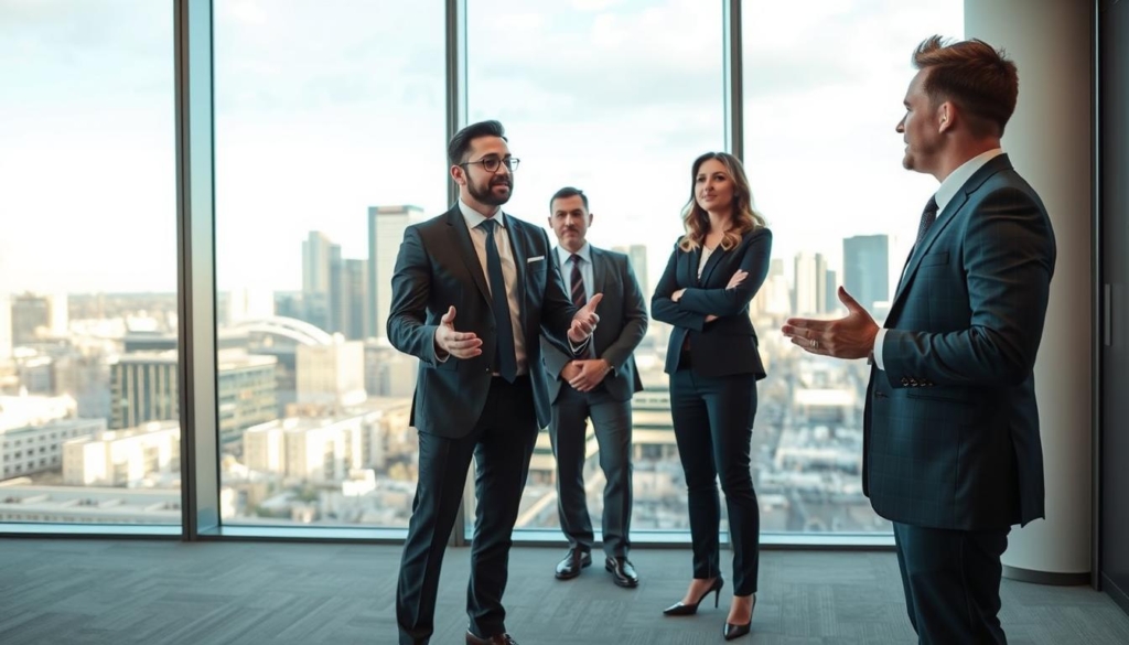 A group of three professional real estate experts standing confidently in a modern office setting in Calgary, Alberta. The foreground features the lead expert, Mark Verzyl, dressed in a sharp suit, gesturing expressively as he speaks. The middle ground shows his two colleagues, a man and a woman, dressed in business attire, listening intently. The background depicts the sleek, floor-to-ceiling windows of the office, offering a panoramic view of the city's skyline bathed in warm, natural light. The overall mood conveys a sense of expertise, authority, and trustworthiness.