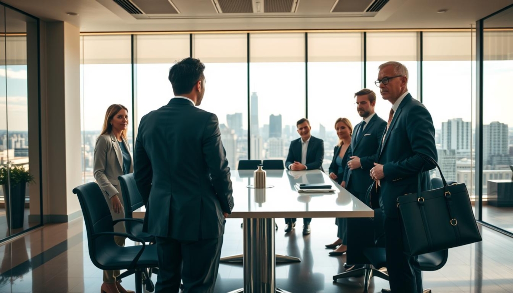 A group of well-dressed professionals, each holding a briefcase and a focused expression, gathered around a conference table in a sleek, modern commercial office. The lighting is warm and inviting, highlighting the trust and expertise conveyed in their body language. In the background, a large window offers a panoramic view of the city skyline, suggesting the importance of their advisory roles in the commercial property market. The scene exudes an atmosphere of professionalism, collaboration, and a shared commitment to guiding clients towards successful real estate investments.