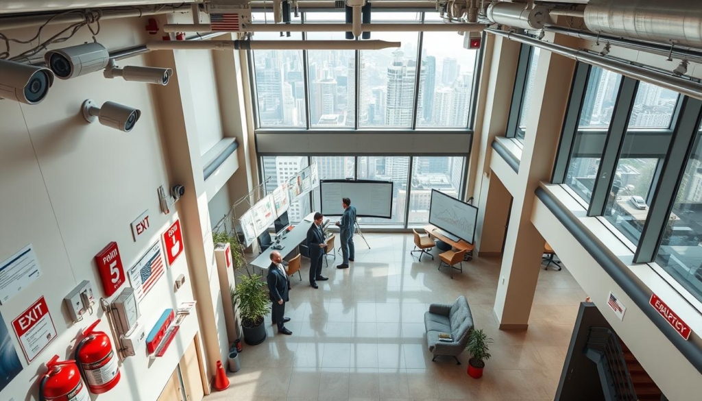 A high-angle view of a well-organized commercial property, with a focus on risk management strategies. The foreground showcases various safety and security measures, such as surveillance cameras, fire extinguishers, and emergency exits. The middle ground features a meeting room where financial experts discuss contingency plans, with charts and graphs projected on the wall. In the background, the city skyline is visible through large windows, conveying a sense of urban development and potential opportunities. The lighting is bright and professional, and the overall atmosphere exudes a tone of diligence and preparedness.