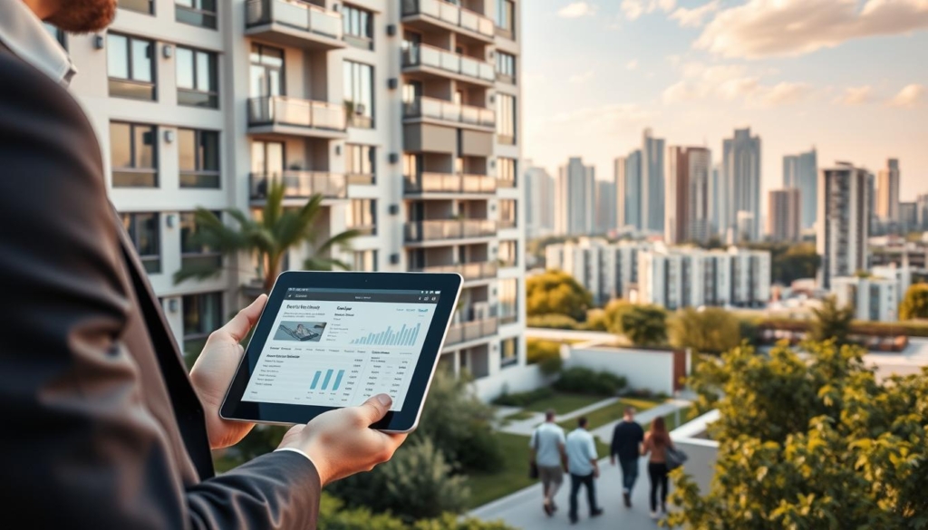A modern apartment building with a well-maintained exterior, surrounded by lush greenery. In the foreground, a real estate agent presents a tablet displaying property details and financial information to prospective tenants. In the middle ground, tenants move in and out, representing the ebb and flow of rental income. In the background, a skyline of high-rise buildings, symbolizing the overall property value. Warm afternoon light filters through, creating a sense of prosperity and stability. The scene conveys the impact of rental income and property value, essential factors in real estate investment and management.