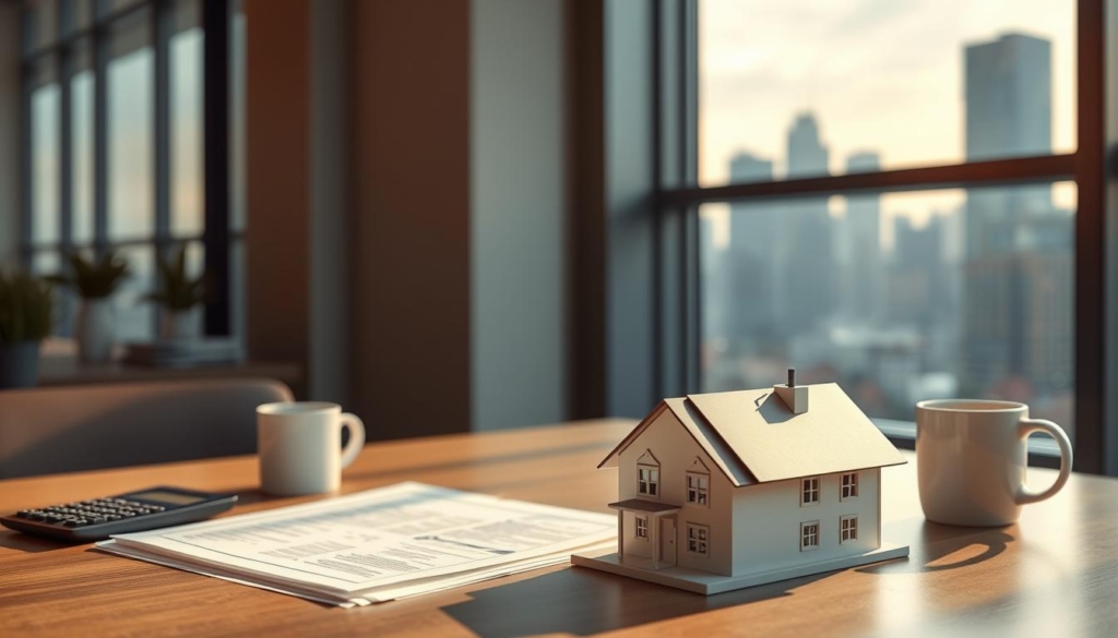 A modern office interior with a large window overlooking a cityscape. On the desk, a stack of financial documents, a calculator, and a mug of coffee. In the foreground, a 3D model of a residential property, representing the subject of property taxes and operational costs. Warm, diffused lighting casts shadows and highlights the details of the documents and the property model. The scene conveys a sense of contemplation and analysis, with the city skyline in the background providing a sense of scale and context.