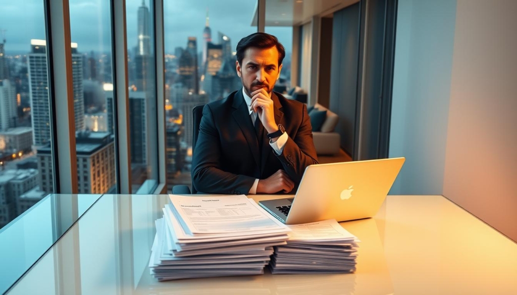 A modern office with sleek glass walls, overlooking a bustling city skyline. On the desk, a stack of documents and a laptop, representing the financial complexities of multi-unit and short-term rental taxes. Warm lighting casts a professional ambiance, while a minimalist decor reflects the precise, analytical nature of the subject matter. A well-dressed, thoughtful individual sits at the desk, deep in contemplation, surrounded by the tools of their trade. The scene conveys the meticulous attention to detail required when navigating the nuanced world of rental property taxation.