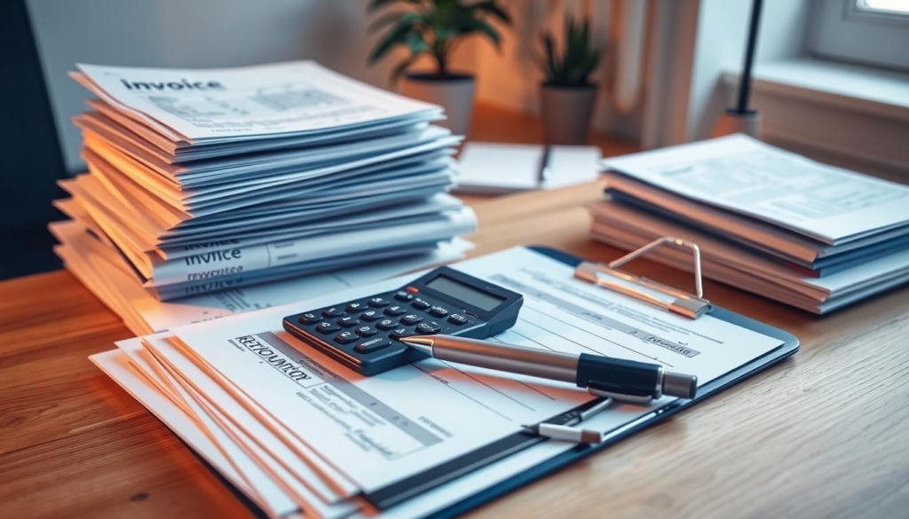 A neatly organized stack of invoices, receipts, and financial documents, illuminated by warm, directional lighting. In the foreground, a calculator and a pen rest atop the documents, suggesting the process of calculating renovation expenses. The middle ground features a clipboard with handwritten notes, hinting at the careful documentation required. In the background, a neutral-toned office setting, with a desk and a potted plant, creating a professional, organized atmosphere. The overall composition conveys a sense of diligence and attention to detail in the pursuit of maximizing tax deductions for home improvement projects.