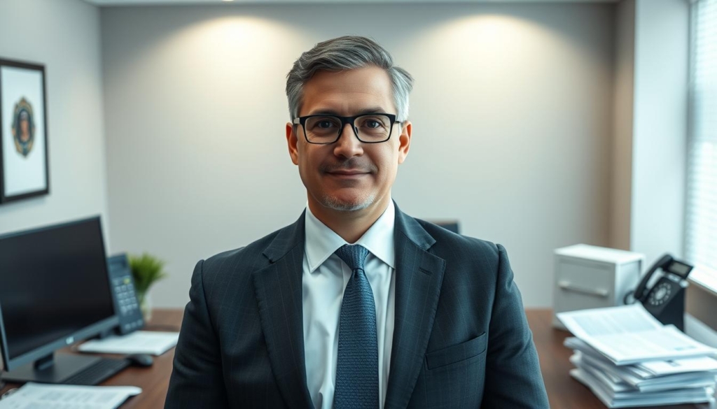 A professional, corporate-style office setting with a well-dressed Qualified Intermediary standing at the center, surrounded by important financial documents, a computer, and a telephone. The intermediary appears knowledgeable and trustworthy, conveying expertise in facilitating 1031 exchange transactions. Subtle lighting highlights the intermediary's face, creating a sense of authority and reliability. The background features a neutral, sophisticated color palette, suggesting a prestigious, established firm. The overall atmosphere is one of competence, diligence, and the secure management of complex financial matters.