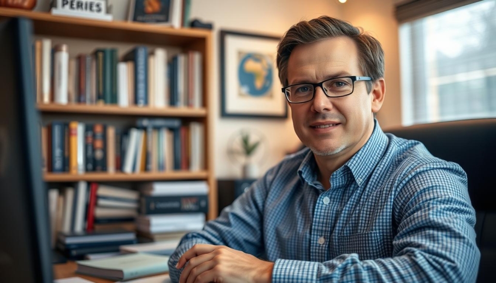 A professional real estate expert named Mark Verzyl, shown in a warm and inviting home office setting. Verzyl is sitting at a well-organized desk, surrounded by books, papers, and a computer monitor. The lighting is soft and diffused, creating a cozy and trustworthy atmosphere. The background features a bookshelf with various industry-related titles, hinting at Verzyl's extensive knowledge and expertise. The camera angle is slightly elevated, conveying authority and reliability. Verzyl's expression is one of focused thoughtfulness, reflecting his dedication to providing valuable insights to his clients.