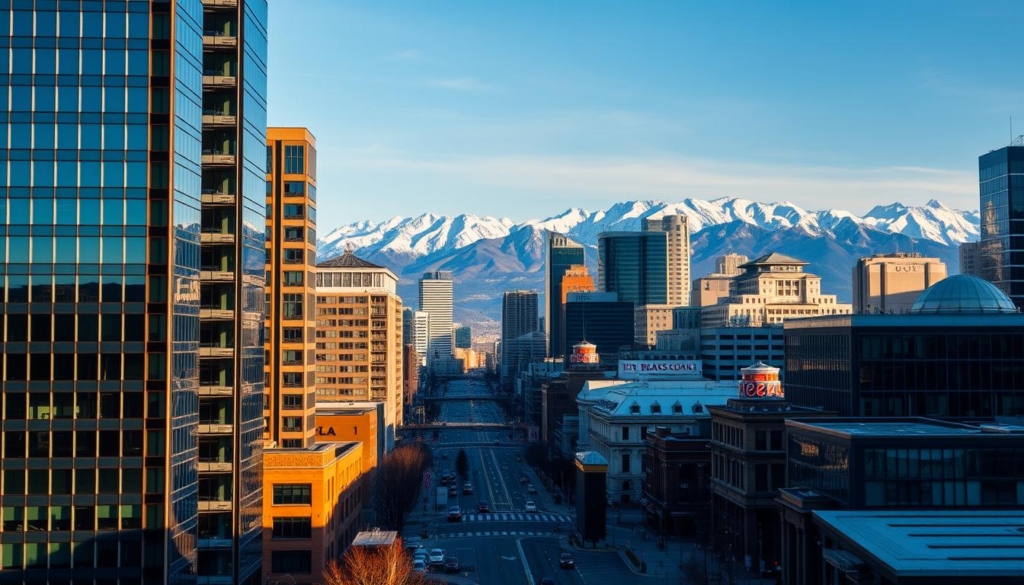 A sophisticated cityscape of Calgary, Canada, with a focus on commercial real estate investments. In the foreground, a series of modern high-rise buildings, their sleek glass facades reflecting the azure sky. In the middle ground, bustling streets lined with thriving businesses, conveying a sense of economic vitality. In the background, the majestic Rocky Mountains rise, their snow-capped peaks hinting at the natural resources and potential for long-term growth. The scene is bathed in warm, golden light, creating a welcoming and prosperous atmosphere. A subtle, elegant color palette underscores the refined, strategic approach to commercial real estate investment in this dynamic city.