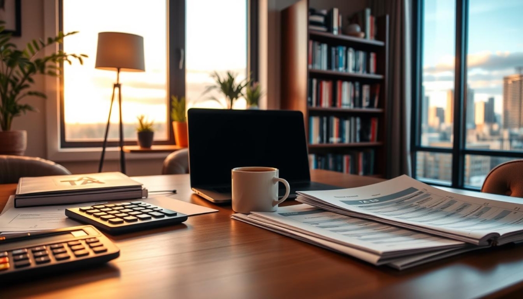 A well-lit home office setting with a cozy, professional atmosphere. In the foreground, a calculator, a mug of coffee, and neatly organized financial documents, conveying a sense of diligent tax planning. The middle ground features a laptop and a bookshelf filled with tax-related literature, hinting at the research and preparation involved in maximizing property tax savings. The background showcases a scenic view of the Calgary skyline through a large window, emphasizing the local context. The lighting is warm and inviting, creating a productive and focused ambiance. The overall composition suggests a thoughtful, strategic approach to property tax optimization in Calgary.