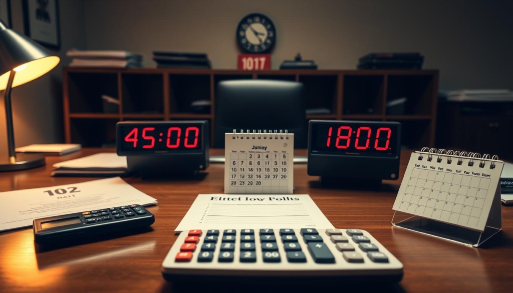 A well-lit office scene with a desk, a calendar, and a calculator. The desk features a 45-day countdown timer and a 180-day countdown timer prominently displayed, emphasizing the strict timelines. The calendar on the desk shows the passing days. The calculator symbolizes the financial calculations involved in the 1031 exchange process. The lighting is warm and professional, creating a focused and determined atmosphere. The perspective is from slightly above, giving a sense of authority and importance to the scene.