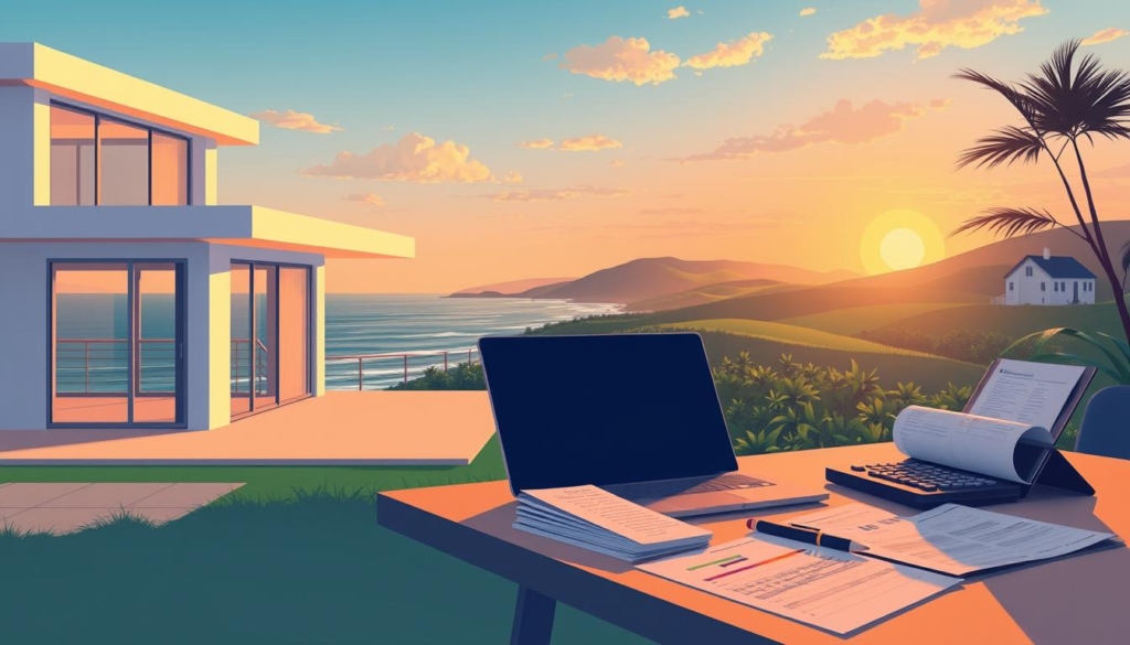 Depreciable property and vacation home rules: a conceptual illustration. In the foreground, a modern beach house with clean lines and large windows overlooking a serene ocean view. Midground features an accountant's desk with ledgers, a laptop, and a calculator, symbolizing the financial planning aspect. The background showcases rolling hills, lush greenery, and a setting sun, conveying the idea of investment property. The lighting is soft and warm, creating a contemplative atmosphere. The overall scene suggests the interplay between real estate, taxation, and personal finance. Angles are slightly elevated to provide an encompassing perspective. The composition balances architectural, natural, and analytical elements, reflecting the nuanced topic of depreciation and vacation home rules.