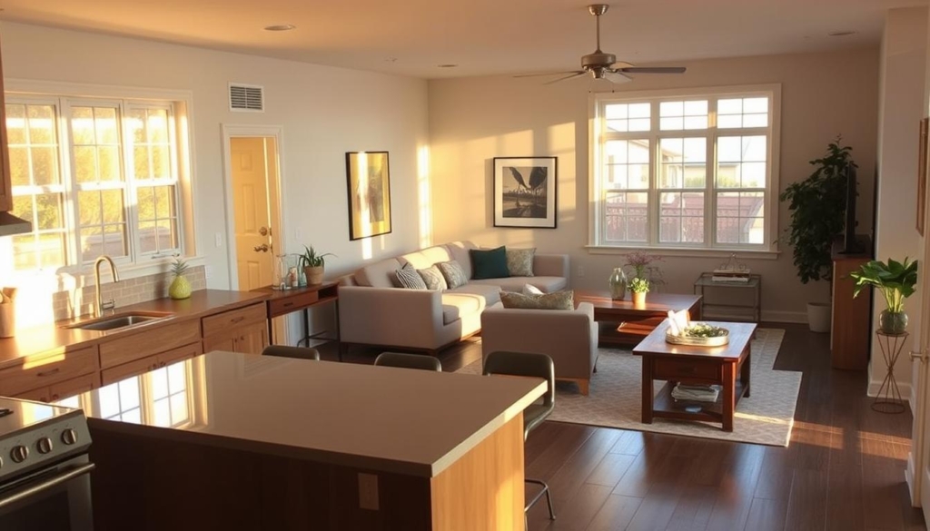 staged kitchen and living space