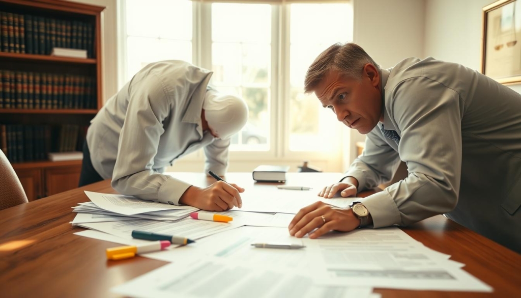 A bright, airy office space with a wooden desk covered in scattered closing documents, highlighters, and a pen. Warm, natural light streams in through a large window, illuminating the details of the papers. A focused, serious expression on the face of a person leaning over the desk, carefully examining the documents. In the background, a bookshelf with legal volumes and a framed certificate on the wall, conveying a sense of professionalism and expertise. The overall atmosphere is one of diligence and attention to detail, capturing the process of making sense of complex real estate closing papers.