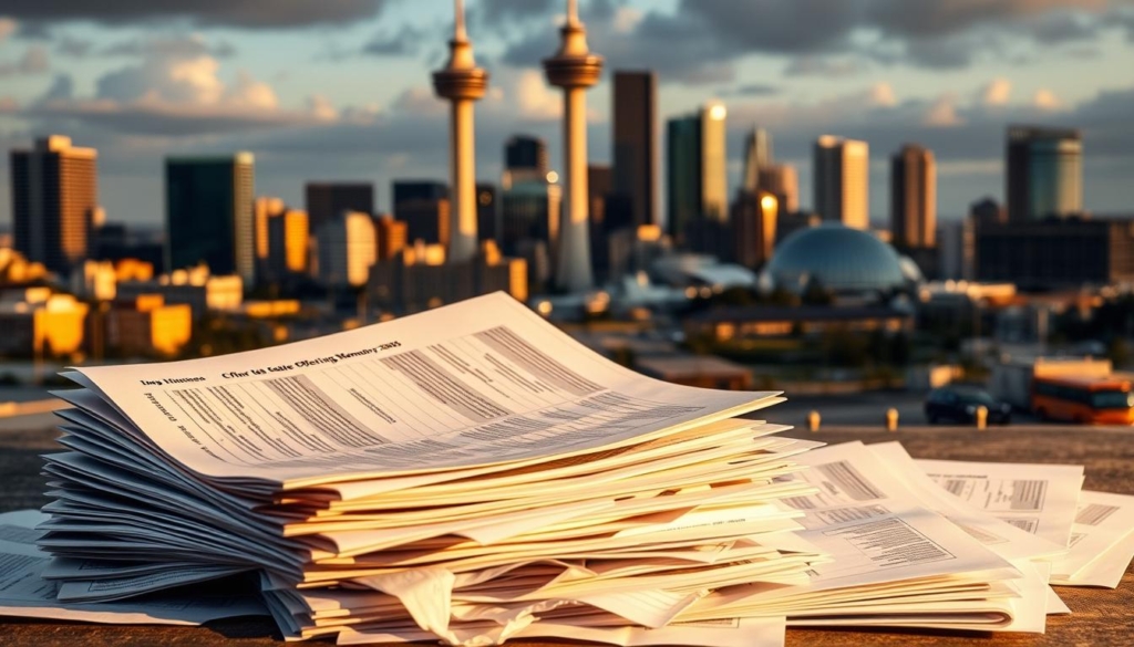 A bustling city skyline with the iconic Calgary Tower in the background, cast in a warm, golden light. In the foreground, a stack of real estate offering memorandums (OMs) lies haphazardly, their pages scattered and crumpled, symbolizing the common mistakes made by buyers in this market. Subtle shadows and highlights accentuate the disorganized nature of the documents, creating a sense of frustration and chaos. The overall composition conveys the importance of understanding the OM process to avoid pitfalls, with the dramatic city backdrop serving as a reminder of the high-stakes real estate landscape in Calgary.