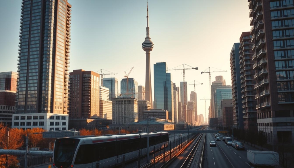 A bustling city skyline, with the iconic Calgary Tower rising above the urban landscape. In the foreground, a modern light rail transit (LRT) station stands as a symbol of the city's expanding transportation network. Sleek, glass-and-steel high-rises flank the station, their reflective facades hinting at the gentrification transforming the neighborhood. Cranes dot the horizon, suggesting ongoing development and the steady influx of new residents. The scene is bathed in warm, golden sunlight, casting long shadows and creating a sense of energy and dynamism. The image conveys the intersection of progress, urban renewal, and the complex social shifts that accompany such rapid change.