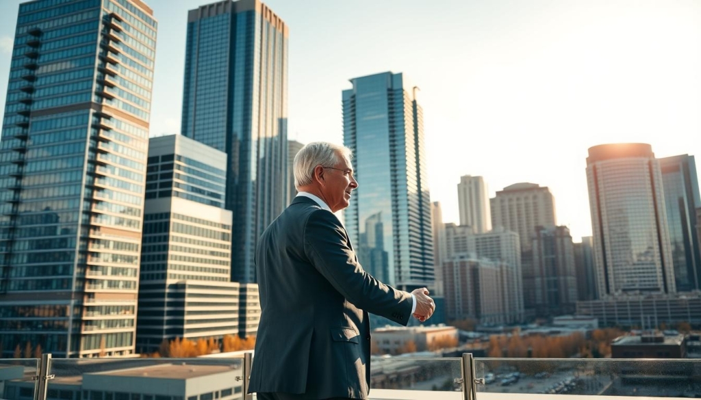 A bustling downtown skyline of Calgary, Alberta, with a focus on strategic real estate partnerships. In the foreground, two businesspeople shake hands against a backdrop of modern high-rises, their expressions conveying a sense of collaboration and mutual understanding. The middle ground features a sleek, glass-walled office building, hinting at the regulatory environment that guides the city's real estate landscape. The background is bathed in warm, golden light, creating an atmosphere of optimism and opportunity. The scene is captured through a wide-angle lens, emphasizing the scale and dynamism of Calgary's real estate market.