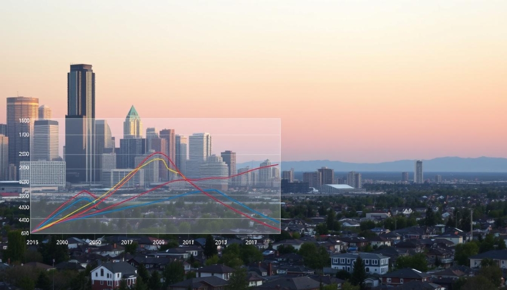 A cityscape of Calgary, Alberta, Canada, at dusk. In the foreground, a chart depicting property value trajectories, with colored lines tracing the rise and fall of home prices over time. The chart is presented against the backdrop of the city's skyline, with skyscrapers and high-rise buildings illuminated by the setting sun. The middle ground features residential neighborhoods, with a mix of older and newer homes, conveying the changing landscape of the city's housing market. The background is a soft, hazy horizon, creating a sense of depth and atmosphere. The overall scene evokes a thoughtful, contemplative mood, inviting the viewer to consider the complex dynamics of Calgary's housing dynamics.