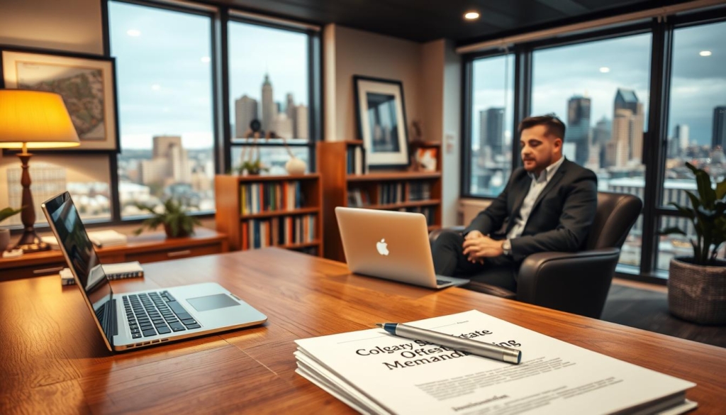 A cozy, modern office setting with warm lighting and a professional, inviting atmosphere. In the foreground, a wooden desk with a laptop, pen, and a stack of documents labeled "Calgary Real Estate Offering Memorandum". Across the desk, two people are seated, engaged in a consultation, their expressions attentive and thoughtful. The middle ground features bookshelves filled with real estate guides and a framed map of the Calgary skyline. The background showcases large windows overlooking the vibrant cityscape, suggesting the potential for lucrative real estate investments in the area.