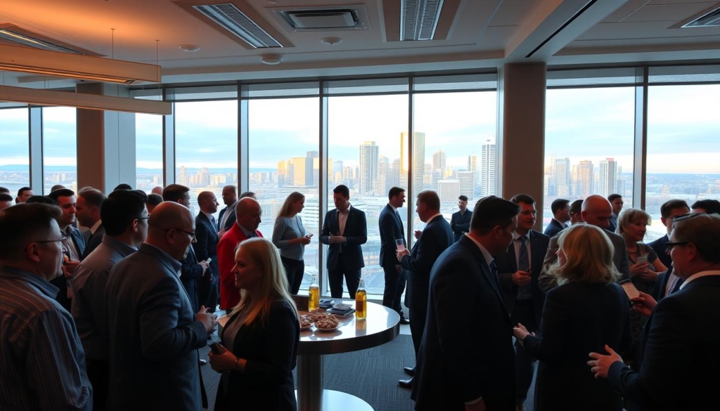 A cozy, well-lit networking event in a modern office space. In the foreground, investors engaged in animated discussions, exchanging business cards and shaking hands. The middle ground features a large, circular table with snacks and refreshments, encouraging further mingling. The background showcases floor-to-ceiling windows overlooking the iconic Calgary skyline, bathed in the warm glow of the setting sun. The overall atmosphere exudes professionalism, camaraderie, and a sense of opportunity for building long-term connections.