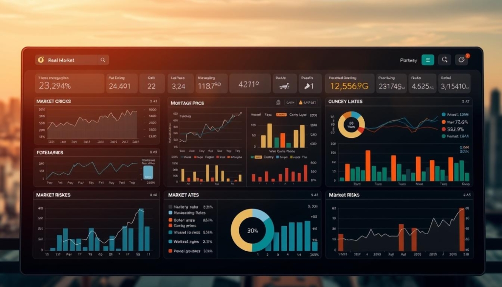 A detailed, informative analysis of the real estate market's trends and forecasts, showcased on a sleek, professional-looking dashboard. The foreground displays various interactive charts, graphs, and data visualizations that convey key insights about housing price fluctuations, mortgage rates, and market risks. The middle ground features a user-friendly interface with intuitive controls, allowing the viewer to explore different scenarios and timeframes. In the background, a subtle cityscape or architectural elements symbolize the real estate landscape. Warm, muted tones create a sense of authority and reliability, while clean lines and a minimalist design convey a high-quality, data-driven analysis tool.