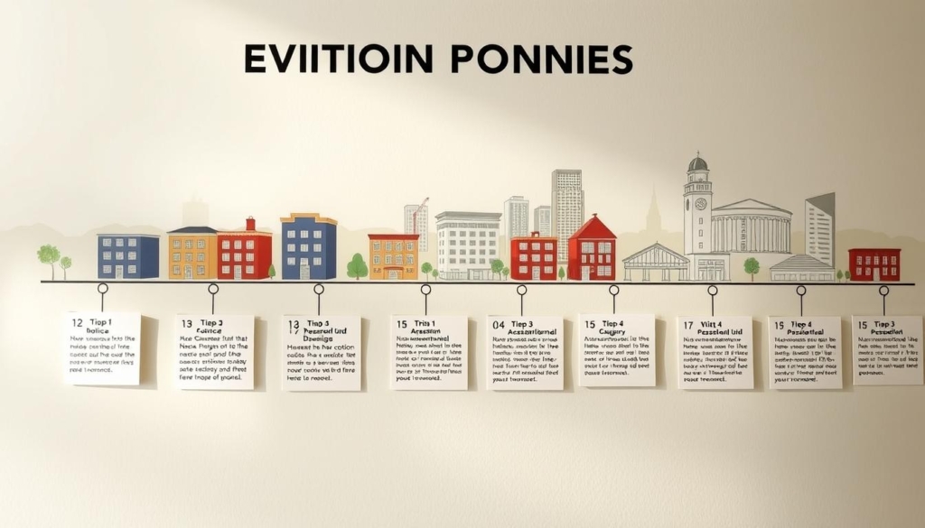 A detailed timeline depicting the eviction process in Calgary, Alberta. In the foreground, a series of chronological steps outlines the key stages, from an initial notice to the final writ of possession. The middle ground features illustrations of residential buildings, highlighting the setting. The background subtly portrays the local cityscape, with landmarks and architectural elements characteristic of Calgary. The lighting is soft and natural, creating a sense of solemnity and contemplation. The overall composition is meticulously designed to convey the complexity and gravity of the eviction process within the local context.