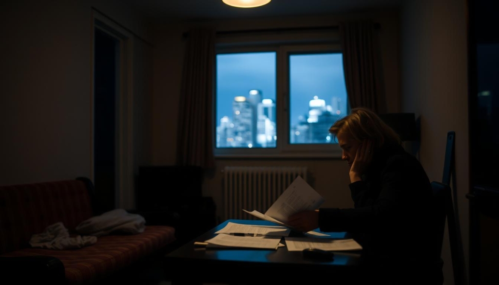 A dimly lit interior of a modest apartment, with a tenant sitting at a table, intently reading through a stack of legal documents. The room is sparsely furnished, conveying a sense of unease and uncertainty. Through the window, a blurred cityscape can be seen, suggesting the broader context of the eviction process. The lighting is warm and subdued, creating a contemplative atmosphere. The tenant's expression is one of deep concentration, reflecting the gravity of the situation. The angle of the shot is slightly elevated, giving the viewer a sense of observation and empathy. Overall, the image aims to capture the tension and vulnerability experienced by tenants during the eviction process, while highlighting their rights and the need for understanding.