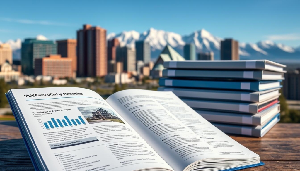 A high-quality, detailed image of successful real estate offering memorandums (OMs) in Calgary, Alberta, Canada. In the foreground, an open OM document with detailed information about a multi-family property, showcasing key metrics and financial data. In the middle ground, multiple OM binders neatly stacked, representing a portfolio of successful transactions. The background depicts the iconic Calgary skyline, with the Rocky Mountains visible in the distance, conveying the thriving real estate market. The image has a professional, authoritative tone, captured with a crisp, high-resolution lens under natural lighting to highlight the important details.