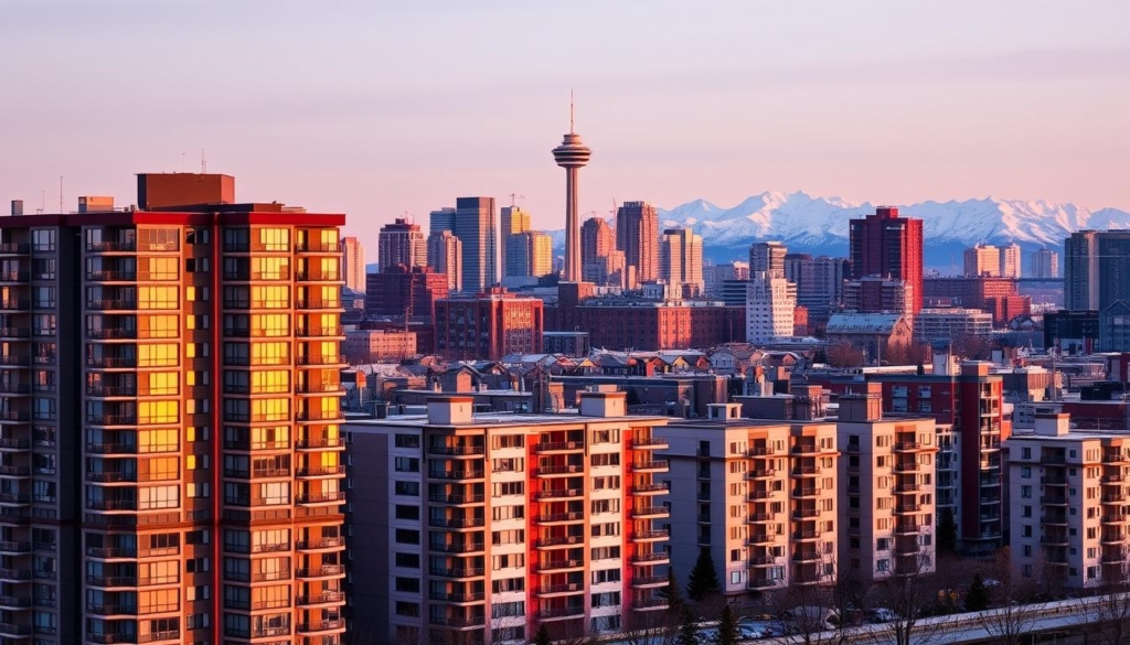 A modern cityscape of downtown Calgary, Canada, with a focus on rental housing. In the foreground, a row of high-rise apartment buildings, their windows reflecting the warm glow of sunset. In the middle ground, a mix of residential and commercial properties, some with "For Rent" signs prominently displayed. The background features the iconic Calgary Tower and the snow-capped peaks of the Canadian Rockies. The scene conveys a sense of urban growth and the demand for rental housing, setting the stage for the optimization of rental pricing strategies.