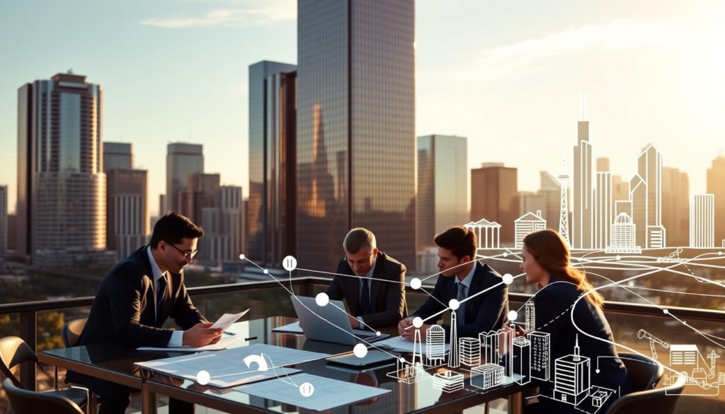 A modern financial district skyline with skyscrapers and glass towers, bathed in warm afternoon light. In the foreground, a group of business people gathered around a table, deep in discussion over documents and laptops, representing a collaborative investment meeting. The midground shows a network of arrows and financial icons, visualizing the intricate web of investment flows and financing options. The background features a stylized city map with various landmarks, highlighting Calgary's vibrant real estate and economic landscape. The overall scene conveys a sense of dynamic partnership, strategic planning, and the city's thriving investment opportunities.