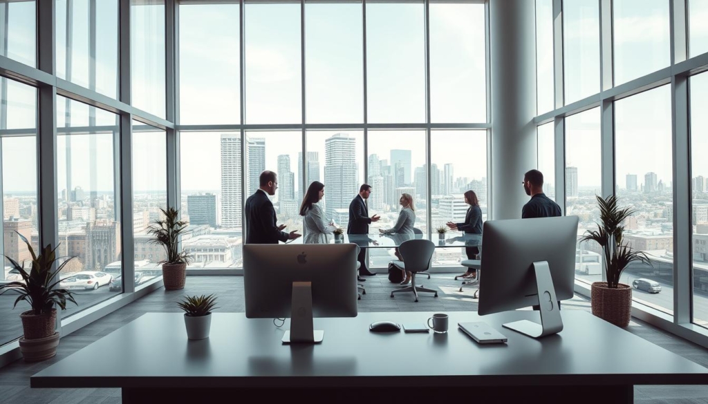 A modern, minimalist office interior with floor-to-ceiling windows, flooding the space with natural light. A sleek, L-shaped desk in the foreground, adorned with a computer, a potted plant, and a few neatly organized office supplies. In the middle ground, a team of professionals collaborating around a glass conference table, discussing property management strategies. The background showcases a cityscape of Calgary's iconic skyscrapers, hinting at the urban setting. The overall atmosphere is one of efficiency, professionalism, and a focus on streamlining property management practices.