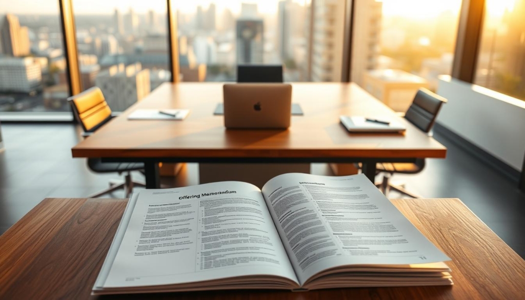 A modern office setting with a large wooden desk in the center, documents and a laptop computer on the surface. In the foreground, an Offering Memorandum document is prominently displayed, its pages open to reveal detailed information. The background features a large window overlooking a cityscape, bathed in warm, golden afternoon light. The overall atmosphere conveys the importance and significance of the Offering Memorandum in property transactions. The scene is captured with a shallow depth of field, creating a sense of focus and emphasis on the central document.