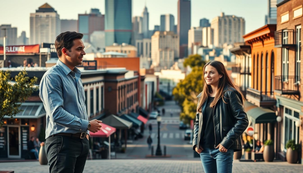 A modern urban setting with a bustling city skyline in the background. In the foreground, a local real estate agent stands confidently, offering guidance to a young, hopeful homebuyer. The agent's posture and expression convey expertise and trustworthiness, while the homebuyer's body language suggests an eager, yet cautious demeanor. The middle ground features a neighborhood undergoing gentle gentrification, with well-maintained historic buildings, trendy cafes, and a mix of longtime residents and newcomers. The lighting is warm and inviting, creating a sense of optimism and opportunity. The overall scene captures the importance of working with knowledgeable local real estate professionals to navigate the complexities of gentrification and find the right home in a rapidly evolving urban landscape.