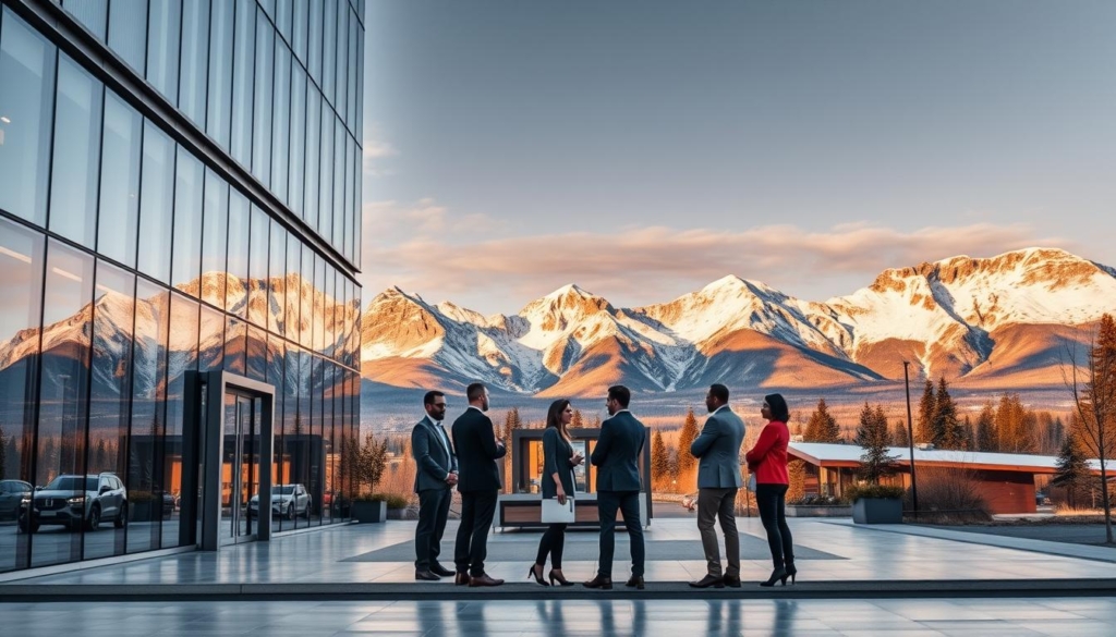 A modern, well-appointed commercial building set against the backdrop of the majestic Canadian Rockies, showcasing the ideal real estate partnership opportunity in the thriving city of Calgary. The foreground features a stylish glass-and-steel facade, with a group of professional investors and developers engaged in a lively discussion. The middle ground depicts an elegant lobby with intricate architectural details, conveying a sense of sophistication and opportunity. The background is dominated by the awe-inspiring mountain range, bathed in the warm glow of the afternoon sun, evoking a feeling of natural splendor and potential for growth. The overall scene exudes an atmosphere of collaboration, vision, and the promise of lucrative real estate ventures in this dynamic urban center.