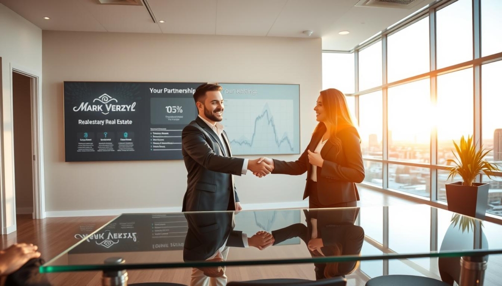 A modern, well-lit office interior showcasing a productive partnership. In the foreground, two professionals, a man and a woman, shake hands over a glass-topped desk, exuding confidence and trust. The middle ground features a large wall-mounted display with a branded logo and key real estate statistics. The background depicts a panoramic view of the Calgary skyline through floor-to-ceiling windows, bathed in warm, natural lighting. The overall atmosphere conveys a sense of professionalism, collaboration, and the success of the "Mark Verzyl Real Estate" partnership.