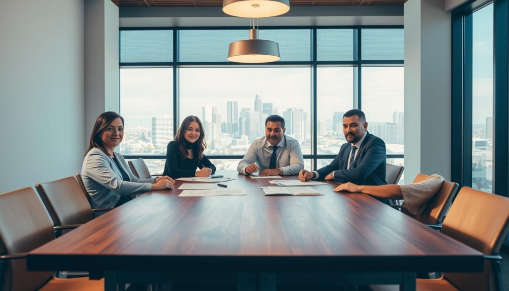 A modern, well-lit office interior with a large wooden conference table in the foreground. Surrounding the table are several professional-looking individuals engaged in a meeting, their expressions serious as they review legal documents. In the background, a large window overlooking the Calgary skyline provides a cityscape backdrop. The lighting is warm and inviting, creating a sense of collaboration and productivity. The overall scene conveys the legal framework and requirements for a joint venture in the Calgary real estate market.
