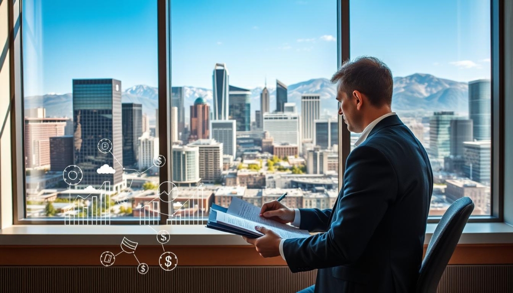 A modern, well-lit office space with large windows overlooking the vibrant cityscape of Calgary, Canada. In the foreground, a businessperson is reviewing financial documents and making notes, signifying the exploration of additional revenue streams. The middle ground features various business icons and symbols, such as charts, graphs, and dollar signs, hinting at the diverse opportunities available. The background showcases the iconic skyline of Calgary, with the towering skyscrapers and the Rocky Mountains in the distance, creating a sense of dynamic growth and potential. The overall atmosphere conveys a mood of professionalism, innovation, and a drive to maximize rental income in this thriving urban setting.