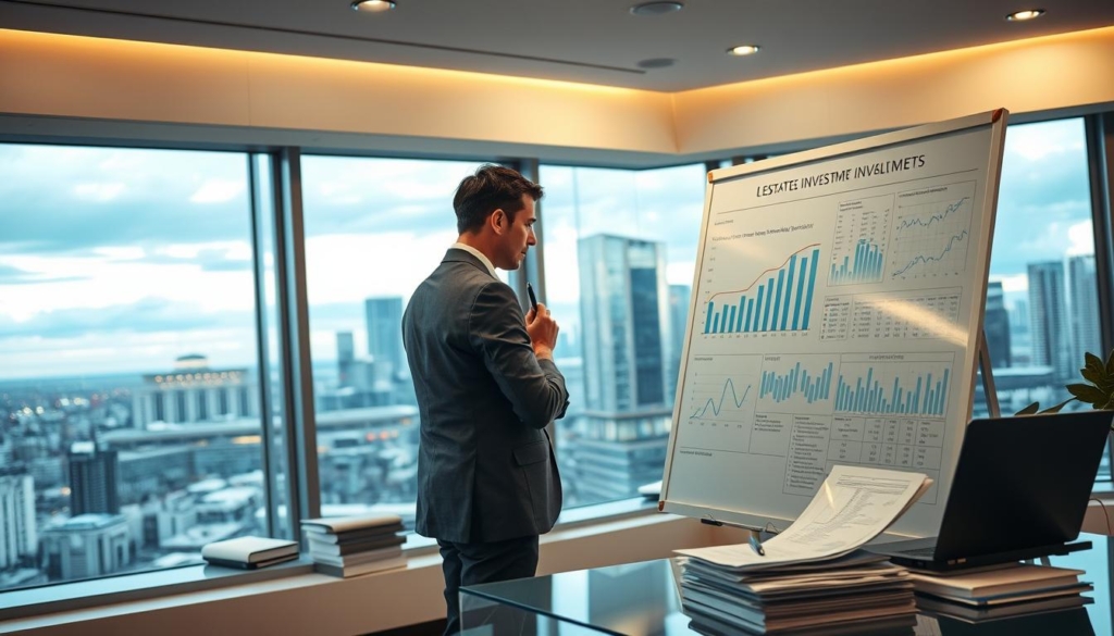 A professional financial analyst standing at a large whiteboard, meticulously analyzing detailed real estate investment reports and charts. The room is well-lit with a soft, warm glow from overhead lighting, creating a contemplative atmosphere. The analyst, dressed in a crisp suit, is deep in thought, pen in hand, surrounded by stacks of documents and a laptop displaying complex financial projections. In the background, a panoramic window offers a breathtaking view of the Calgary skyline, hinting at the lucrative opportunities in the local real estate market. The scene conveys a sense of expertise, diligence, and the pursuit of maximizing property investment returns. A professional financial analyst standing at a large whiteboard, meticulously analyzing detailed real estate investment reports and charts. The room is well-lit with a soft, warm glow from overhead lighting, creating a contemplative atmosphere. The analyst, dressed in a crisp suit, is deep in thought, pen in hand, surrounded by stacks of documents and a laptop displaying complex financial projections. In the background, a panoramic window offers a breathtaking view of the Calgary skyline, hinting at the lucrative opportunities in the local real estate market. The scene conveys a sense of expertise, diligence, and the pursuit of maximizing property investment returns.