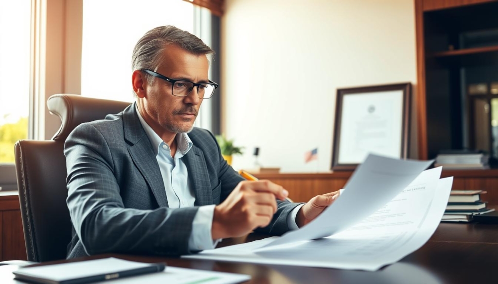 A professional real estate agent sitting at a desk, carefully reviewing closing documents with a focused expression. The office is well-lit, with warm natural light filtering through large windows, creating a calm and professional atmosphere. The agent's hands delicately handle the papers, highlighting key details with a pen. In the background, a framed certificate or license is visible, conveying the agent's expertise. The overall scene conveys the guidance and attention to detail that clients can expect when working with this real estate professional.