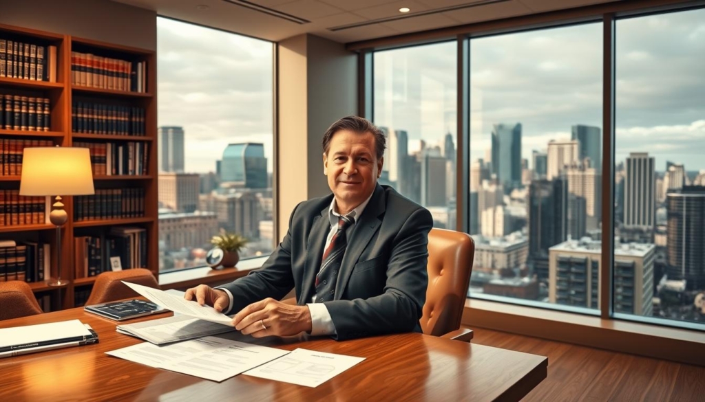 A professional, well-lit real estate office in downtown Calgary, Alberta. The foreground features a middle-aged man, Mark Verzyl, sitting at a wooden desk and reviewing financial documents. The middle ground showcases bookcases filled with real estate law and investment books, as well as a large window overlooking the city skyline. The background depicts the bustling urban landscape of Calgary, with skyscrapers and high-rise condominiums. The lighting is warm and inviting, creating a sense of expertise and trust. The overall atmosphere conveys a sophisticated and knowledgeable approach to real estate asset protection strategies.