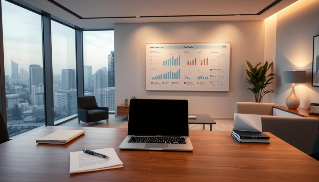 A professional, well-organized office setting with a modern, minimalist aesthetic. The foreground features a wooden desk with a laptop, pen, and a stack of documents. Behind it, a large window offers a panoramic view of a bustling city skyline. Soft, diffused lighting creates a warm, inviting atmosphere. In the middle ground, a wall-mounted display showcases a detailed real estate investment plan with charts and graphs. The background is adorned with sleek, contemporary furnishings and decor, conveying a sense of sophistication and expertise. The overall scene suggests a thoughtful, strategic approach to real estate asset protection, as exemplified in a case study.