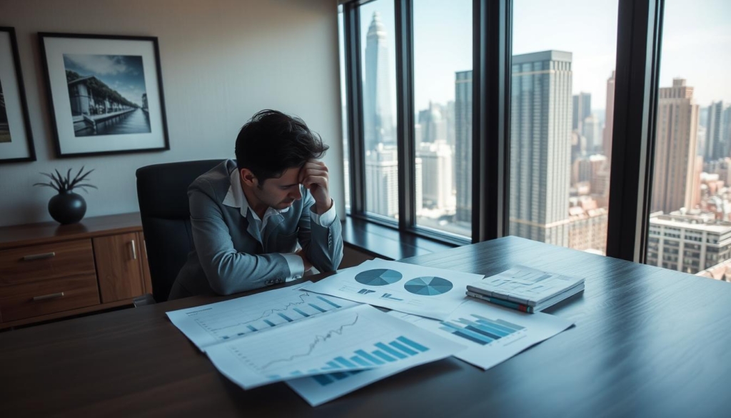 A tranquil office setting with a large window overlooking a bustling city skyline. On the desk, financial documents and charts representing the real estate market. In the foreground, a person contemplating strategies, brow furrowed in deep thought. Soft natural light filters in, casting a pensive atmosphere. The walls are adorned with framed artwork, suggesting an environment of informed decision-making. Subtle textures and muted colors convey a sense of thoughtful planning for navigating the ebbs and flows of the property market.