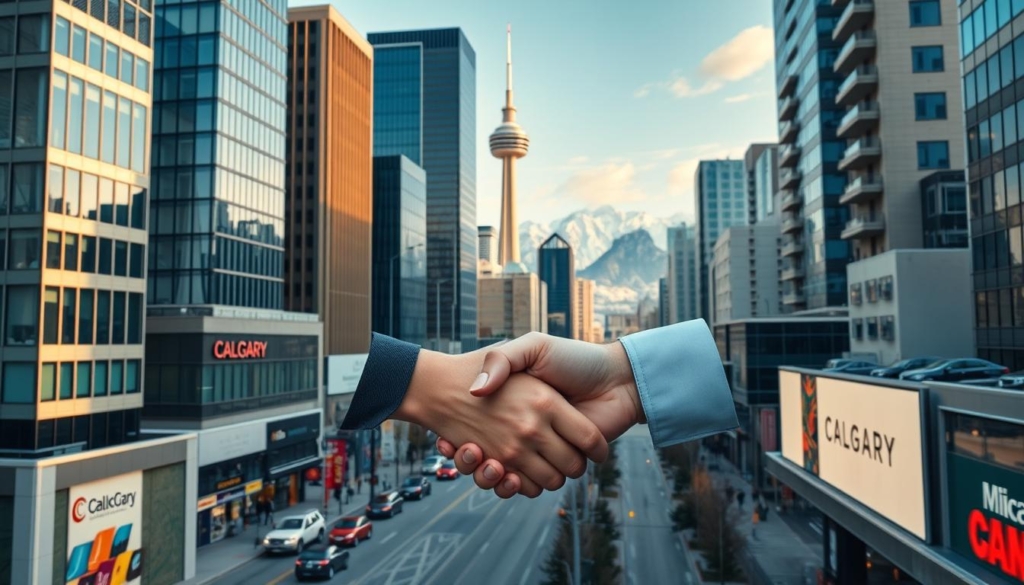 A vibrant and dynamic cityscape of Calgary, with strategic business partnerships represented by sleek high-rise office buildings, modern architecture, and bustling streets. In the foreground, a handshake gesture symbolizes the collaborative nature of these relationships, captured in a cinematic wide-angle lens with soft, warm lighting that casts an inviting glow. The middle ground features various corporate logos, signage, and professional service providers, all converging to create an atmosphere of synergy and growth. In the background, the iconic Calgary Tower and snow-capped Rocky Mountains provide a stunning natural backdrop, emphasizing the city's strategic position and potential for investment success.