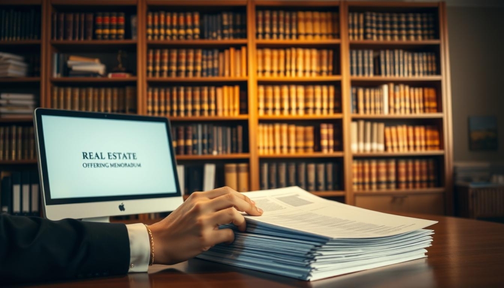 A well-lit and organized office space, with a professional desktop computer, a stack of documents representing the real estate offering memorandum, and a pair of hands carefully reviewing the paperwork. In the background, bookshelves filled with legal and financial references, conveying an atmosphere of meticulous preparation and attention to detail. The lighting is warm and inviting, casting a soft glow on the scene, suggesting the diligence and expertise involved in the OM preparation process. The composition emphasizes the importance of this critical step in the real estate transaction, highlighting the care and attention required to produce a comprehensive and informative offering memorandum.