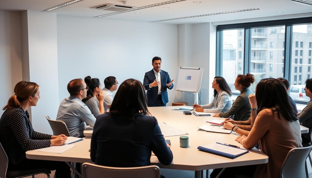 A well-lit, modern classroom setting with a group of diverse real estate agents engaged in an interactive training session. The foreground features a group of trainees, sitting attentively at desks, taking notes and collaborating on materials. The middle ground showcases a charismatic instructor standing at the front of the class, gesturing with enthusiasm. The background depicts a clean, minimalist space with large windows, allowing natural light to flood the room, creating a warm, inviting atmosphere. The overall scene conveys a sense of professionalism, focus, and a commitment to continuous learning and development within the real estate industry.