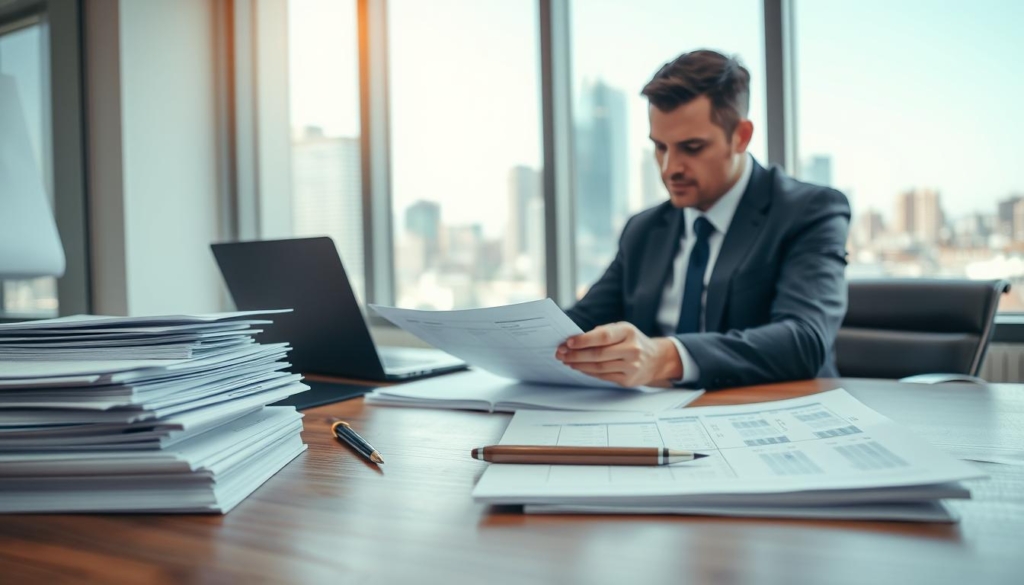 A well-lit office scene with a professional reviewing real estate investment documents on a wooden desk. In the foreground, stacks of papers, a pen, and a laptop display financial data. In the middle ground, the investor, dressed in a suit, is intently focused on the documents, brow furrowed in concentration. The background features a large window overlooking an urban skyline, with a sense of professionalism and attention to detail. The lighting is natural, creating a warm, serious atmosphere appropriate for the task at hand.